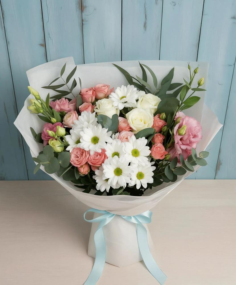 Букет цветов из: Розы, Лизиантусы и Хризантемы в Новое ступино