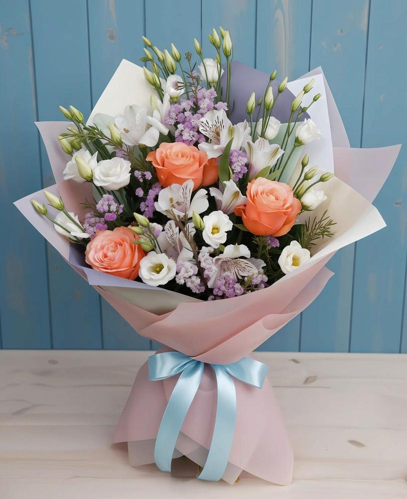 Букет цветов из: Лизиантусы, Розы, Альстромерии и Гипсофила в Новое ступино