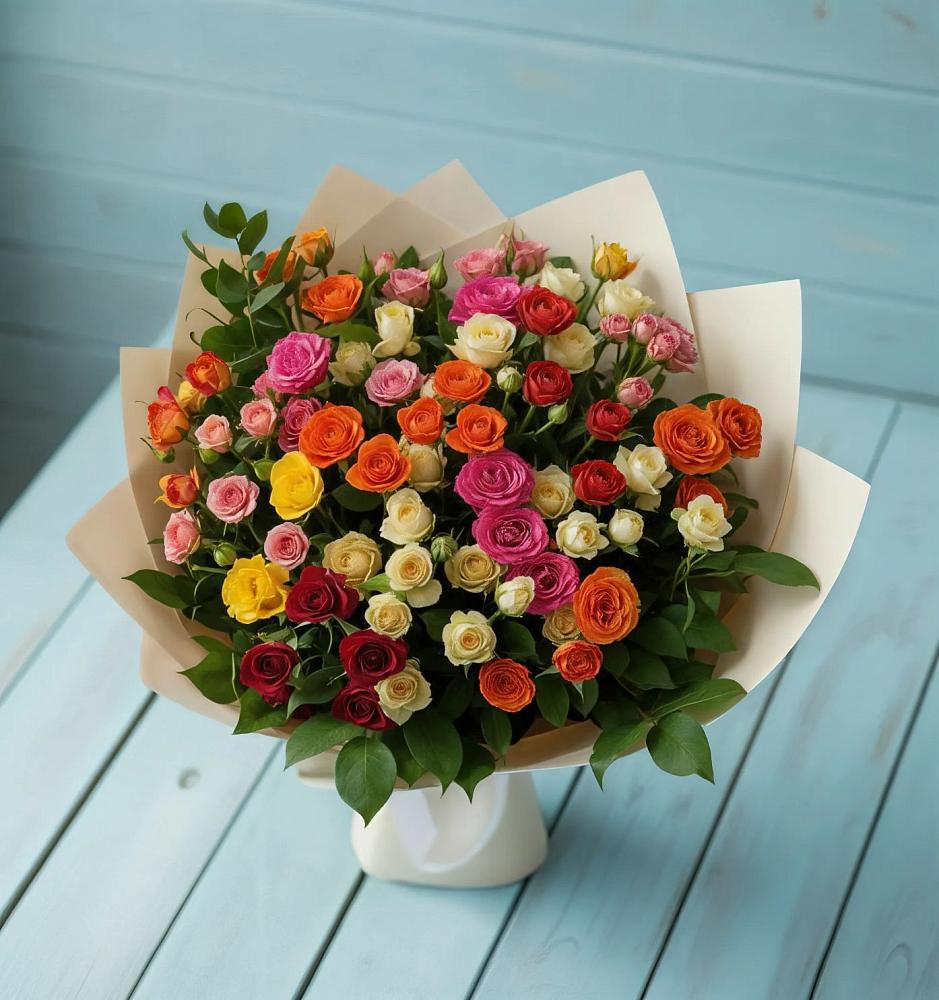 Букет Микс из разноцветных кустовых роз в Новое ступино