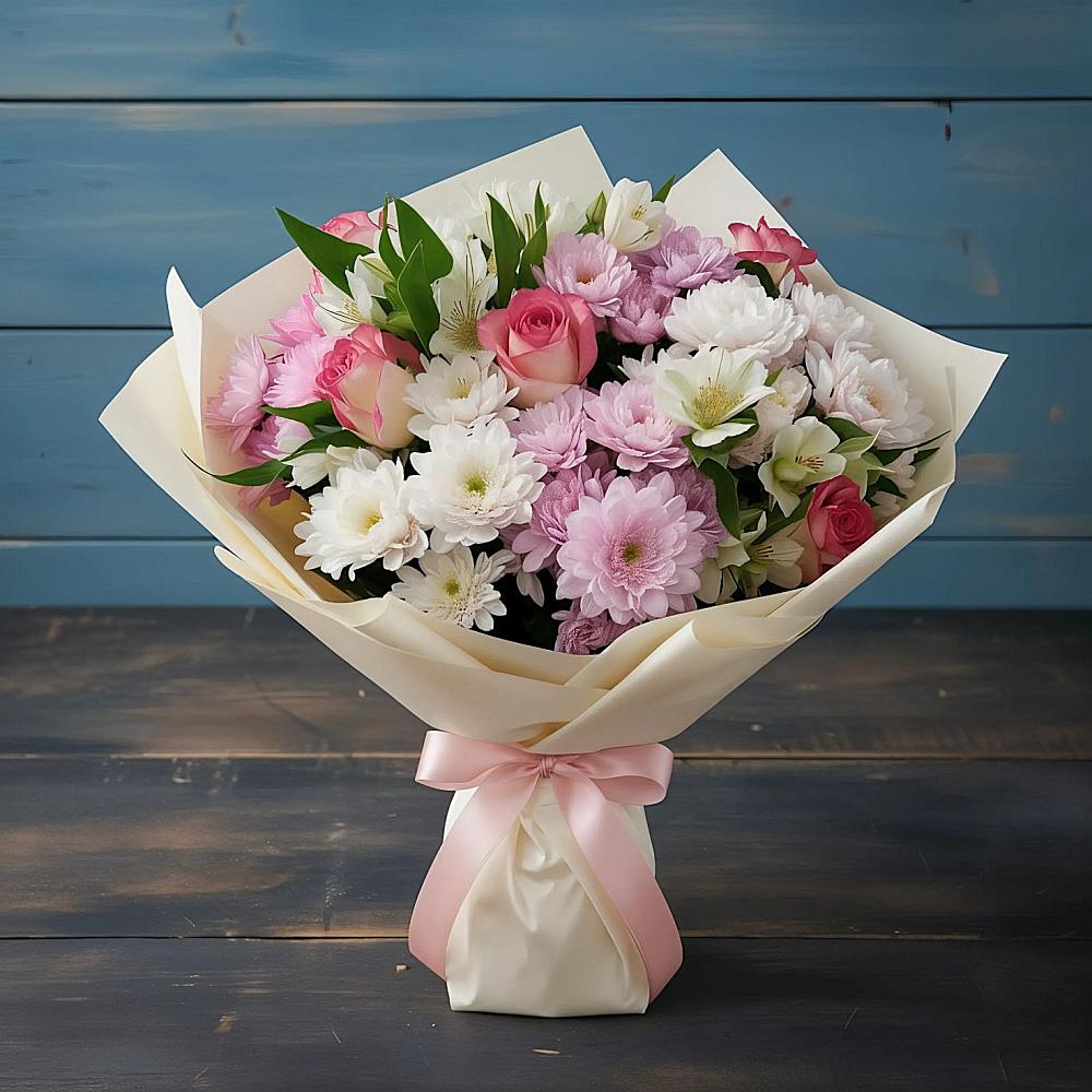 Букет цветов из: Хризантемы, Альстромерии и Розы в Новое ступино